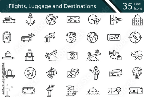 Travel and Tourism Icon Set. Line Icons for Flights, Luggage, and Destinations.