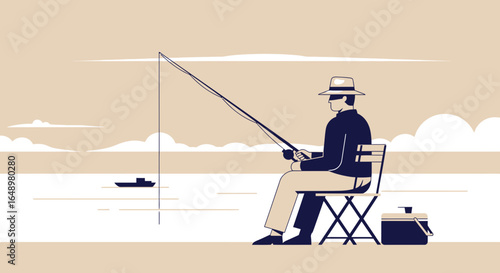 Fisherman Silhouette Relaxing By The Lake On A Sunny Day Illustration