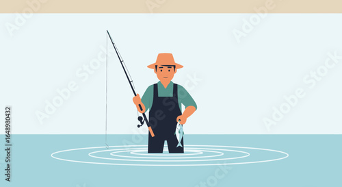 Fisherman Standing With Rod Holding Freshly Caught Fish Illustration
