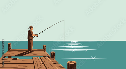 Fisherman Stands On Dock With Fishing Pole Casting Into The Calm Sea