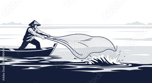 Fisherman Throwing Net In River Illustrative Vector Design Style Traditional
