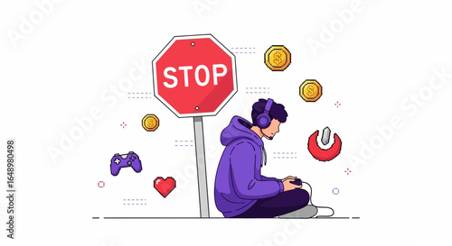 Gaming Addiction Concept With Stop Sign And Young Man Playing Video Games