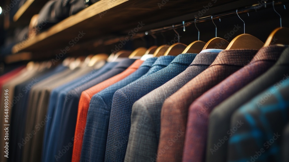 Obraz premium A row of suits on hangers in a clothing store with soft lighting creating a cozy atmosphere - for fashion articles, clothing catalogs, boutique ads and style blogs.