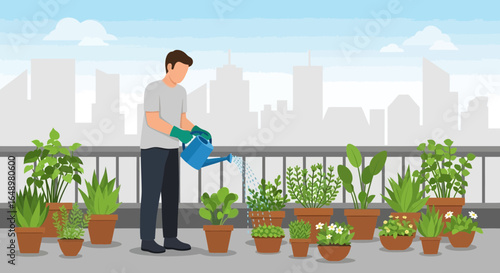 Gardener Nurturing Plants On City Rooftop Cultivating Urban Oasis Landscape