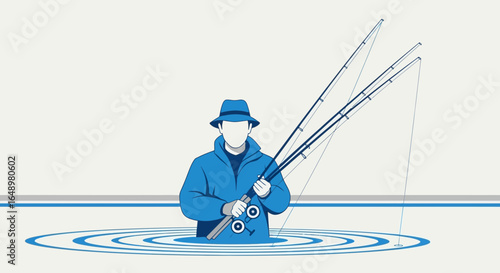 Fisherman With Multiple Fishing Rods Standing in Water Ready to Catch Fish