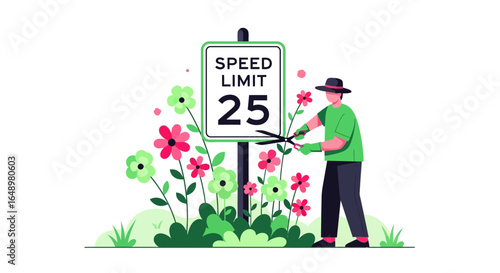 Gardener Pruning Flowers By The Speed Limit Sign Creating A Beautiful Scene