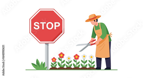 Gardener Pruning Flowers Near Stop Sign Visualizing Garden Maintenance