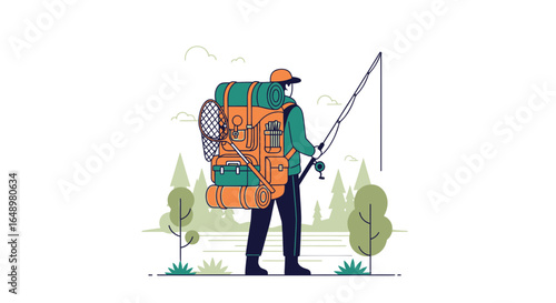 Fisherman With Backpack Ready To Spend Day Out In The Woods Fishing