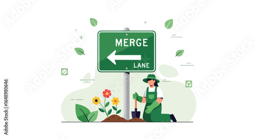 Gardener Planting Flowers Beside a Merge Lane Sign in Green Landscape