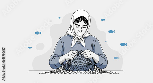 Fisherwoman Mending Net With Peaceful Focus In A Simplified Style