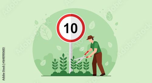 Gardener Pruning Plants With A Number Ten Sign On a Green Background