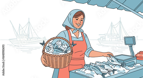 Fisherwoman Offers Fresh Catch At Market Beside Harbour With Fishing Vessels