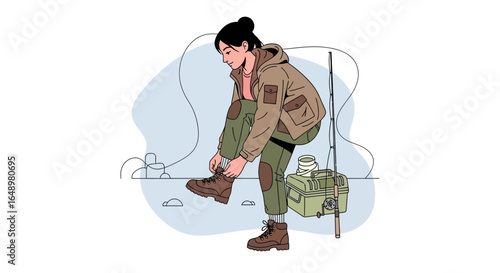 Fisherwoman Prepares Her Gear Before Casting Her Line On A Peaceful Day