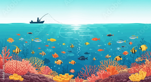 Fishing At Sea With Underwater Marine Life And Vibrant Coral Reefs