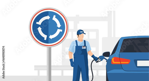 Gas Station Attendant Filling up a Blue Car Near Traffic Roundabout Sign