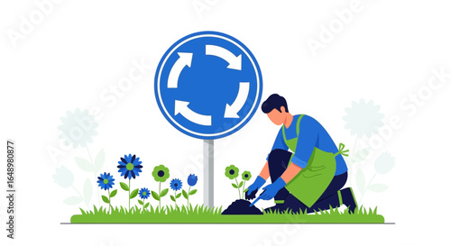 Gardening Roundabout Landscaping Man Tending Flowers Near A Traffic Circle