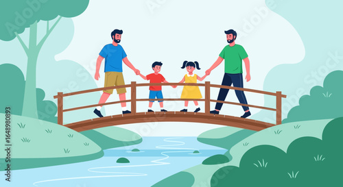Gay Couple With Kids Crosses Bridge During Family Trip