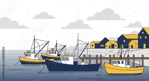 Fishing boats in a harbor on a rainy day showcasing coastal life with a moody atmosphere