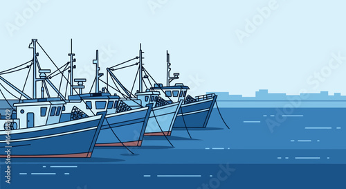 Fishing Boats Moored In Port With Cityscape Backdrop Calm Seascape Illustration
