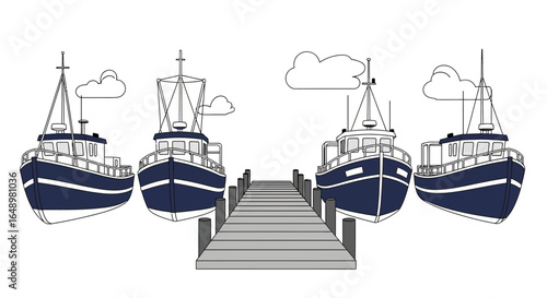 Fishing Boats On A Pier With Gentle Clouds Floating Above Cartoonish Style