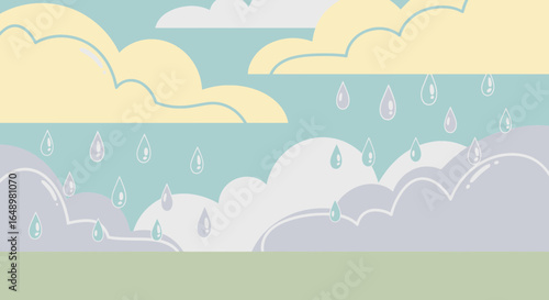 Gentle Rain Cartoon With Pastel Colors Cloudy Sky And Light Green Ground