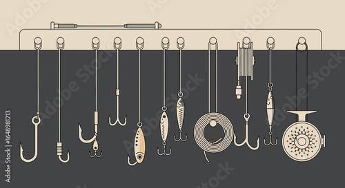 Fishing Gear Rack With Hooks Baits And Accessories For Angling Hobby