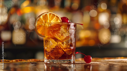 Classic Old Fashioned Cocktail with Whiskey, Large Ice Cubes, Garnished with Dried Orange Slice and Maraschino Cherries, Served in a Glass on a Polished Bar Counter with Warm Ambient Lighting
