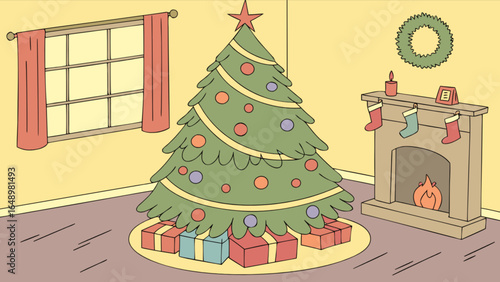Celebrate christmas holiday season with christmas tree gifts and fireplace in cozy room scene vector