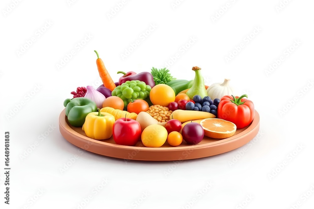 Assortment of Fresh Fruits and Vegetables on a Wooden Platter for Healthy Diet Assortment of Fresh Fruits and Vegetables on a Wooden Platter for Healthy Diet