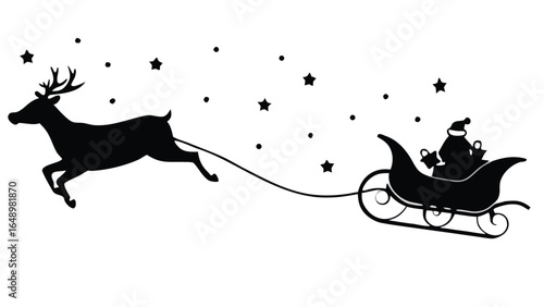 Black silhouette of Santa Claus in sleigh pulled by reindeer