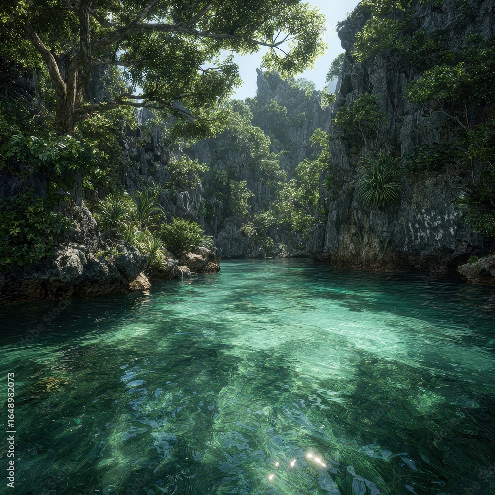 Naklejka premium Tropical Lagoon Calm Waters Secluded Cove Island Paradise Escape