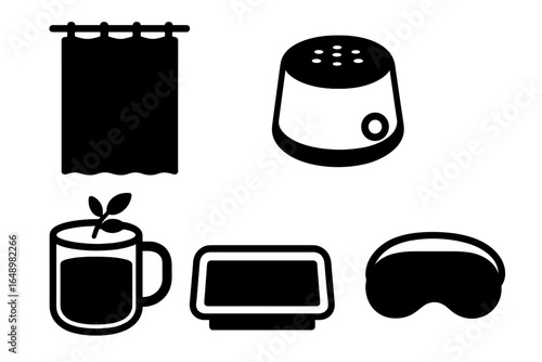 Home relaxation essentials including a tea cup, curtain, humidifier, sleep mask, and candle holder for a cozy atmosphere