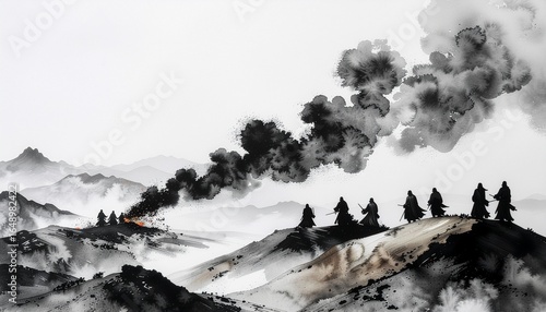 Traditional ink wash painting of figures on a mountain ridge observing a distant smoke signal from a burning fire.