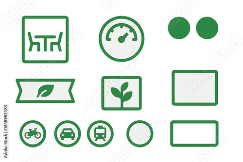 Collection of green symbols representing eco-friendly concepts and activities for sustainable living practices