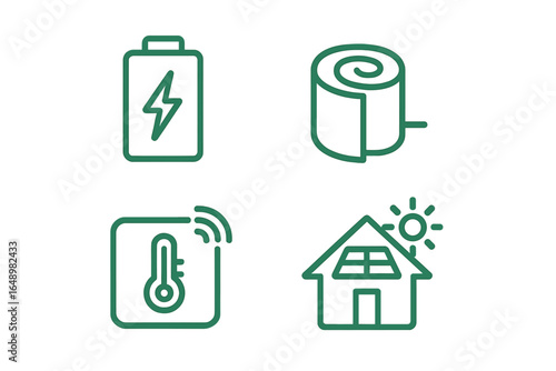 Energy efficient home features with insulation, battery storage, and climate control elements depicted in green line icons