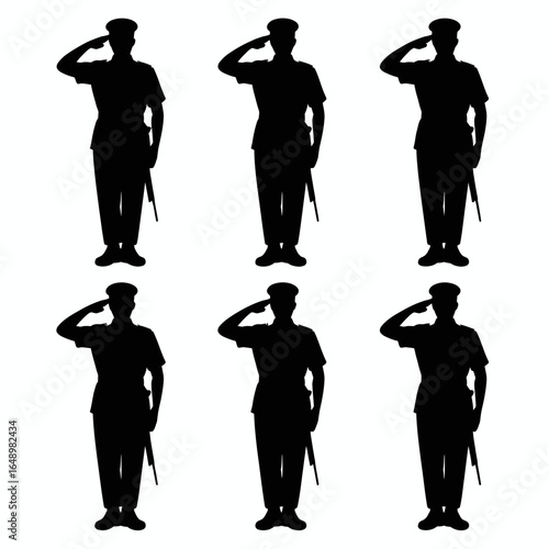 Six military personnel in uniform saluting silhouette isolated on white background