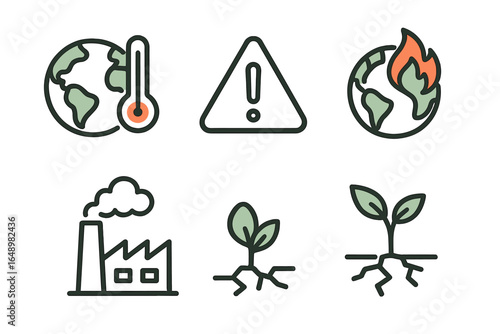 Symbols representing climate change and environmental awareness through icons depicting Earth's temperature, warnings, and pollution