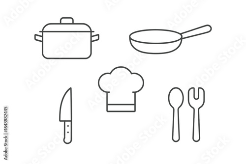 Cooking utensils and chef's hat arranged on a simple background for culinary arts and cooking practice