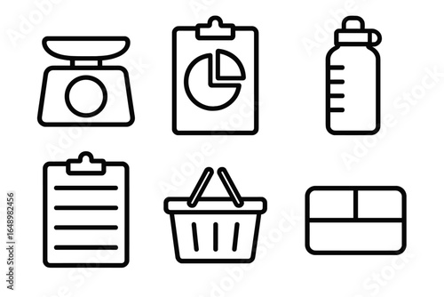 Various tools for health and fitness tracking laid out on a clean background in a minimalist style