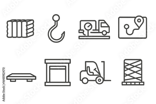 Collection of logistics and transportation symbols representing various supply chain elements and activities