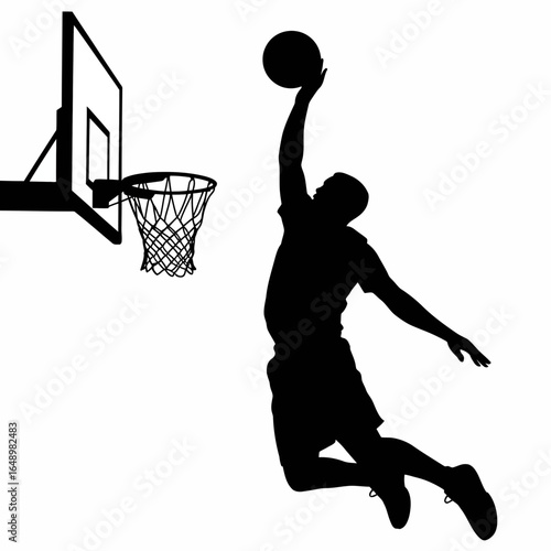 Basketball player performing a slam dunk silhouette isolated on white background