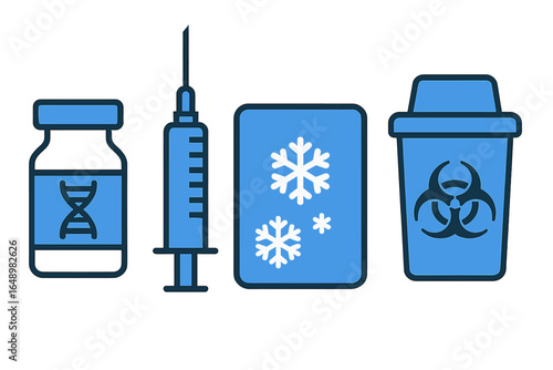 Medical supplies related to vaccine preparation and storage in a laboratory setting