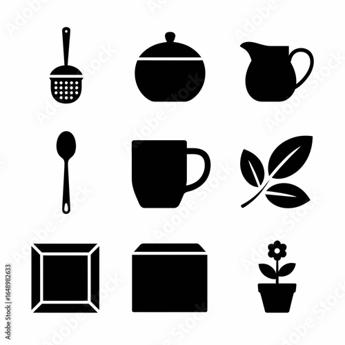 Collection of kitchen and decorative objects silhouette isolated on white background