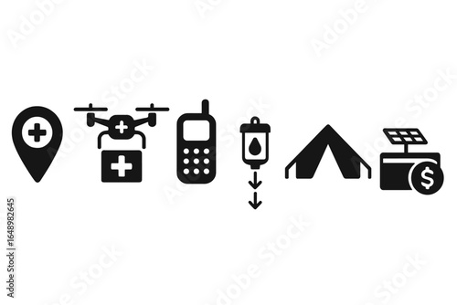 Symbols representing healthcare technology and emergency response in a modern context