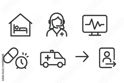 Health care icons representing home care, telehealth services, and emergency assistance in a seamless workflow