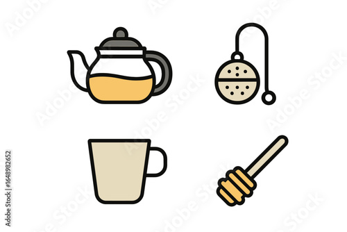 Tea preparation tools with teapot, infuser, cup, and honey dipper displayed together