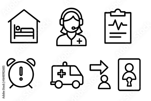 Healthcare icons representing patient care, emergency response, and medical documentation in a simple design