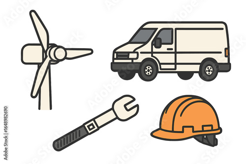 Wind energy project equipment including a van, turbine, tools, and safety gear during a workday