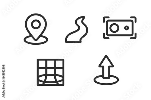 Icons representing location, fire, currency, grid structure, and upload action for digital applications