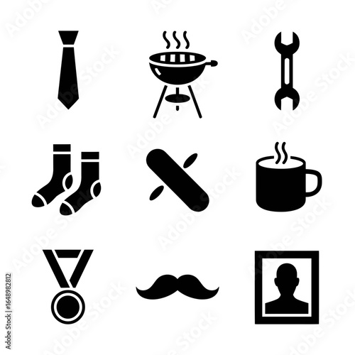 Collection of father s day icons representing dad s hobbies and style silhouette isolated on white background